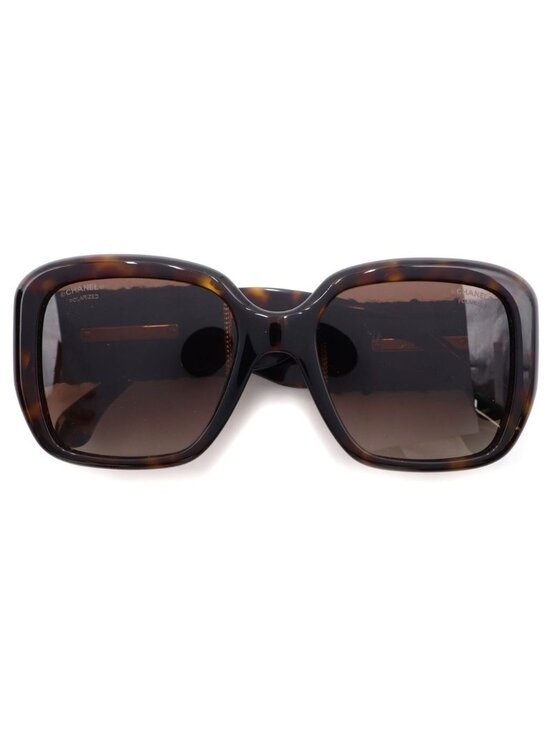 Chanel Square Frame Chain CC Logo Tweed Temple Sunglasses Brown Gold Eyewear